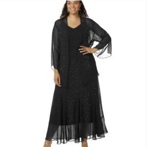 Catherines Black Beaded Evening Dress With Cascade Jacket 28W NWOT